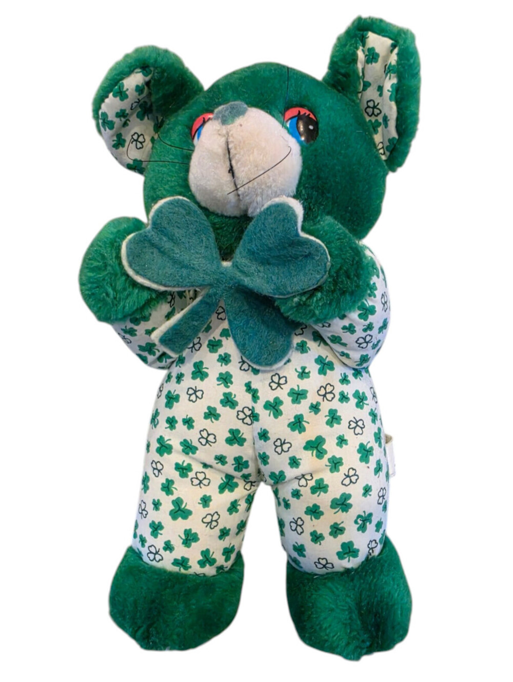 Vintage M.S. Toy Plush Stuffed Animal Mouse w/ Shamrock Clover Outfit Green
